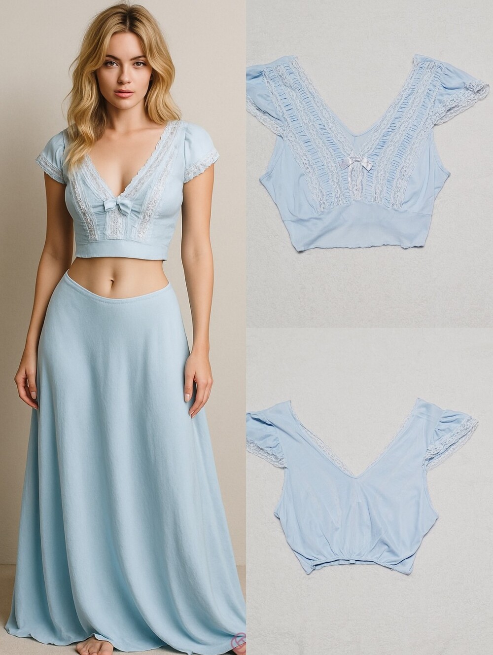 50s Rare Vintage Stretchy Sky Blue Ruched Lace Flutter Sleeve Cropped Corset Top